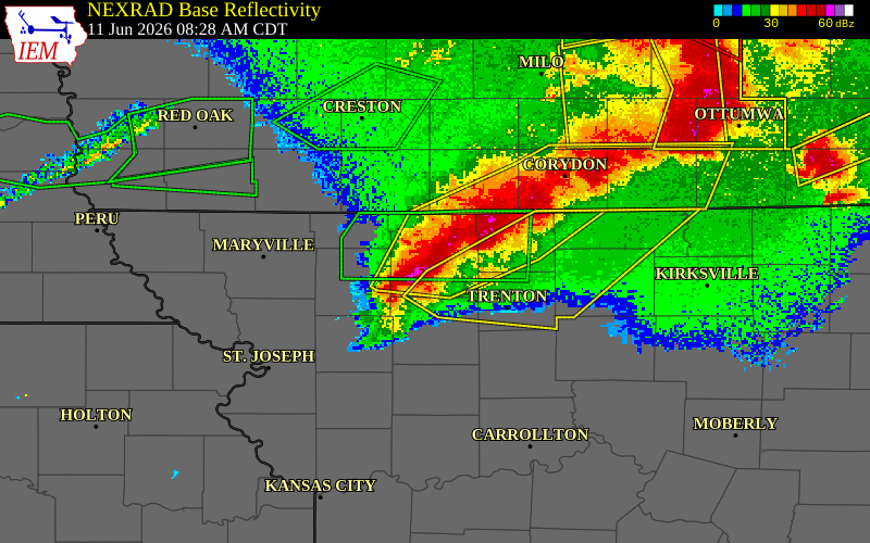 NEXRAD radar during the Thursday, June 11, 2026 storm activity in Harrison County, Missouri
