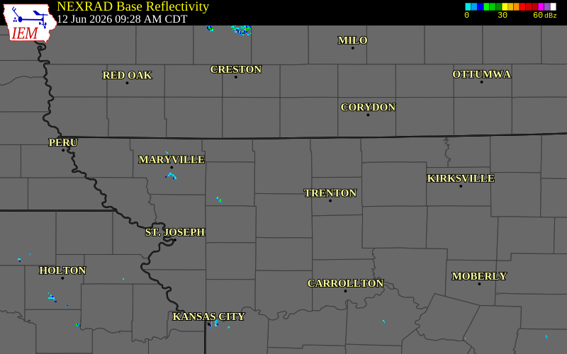 NEXRAD radar during the Friday, June 12, 2026 storm activity in Harrison County, Missouri