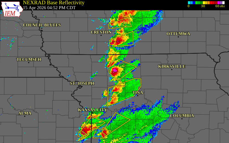 Radar snapshot during the Apr 15, 2026 hail event near 4 NNW Coffey, Harrison County, Missouri, with NWS warning polygons