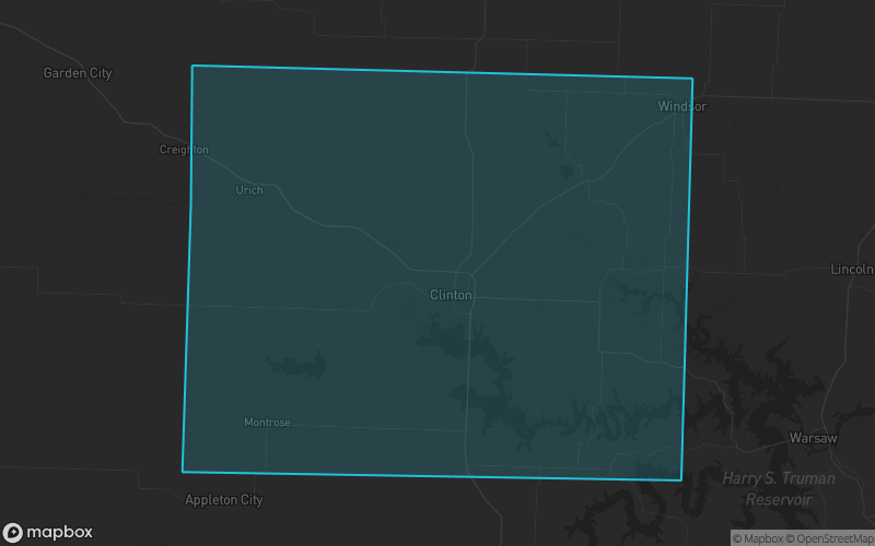 Map of Henry County, Missouri showing the county boundary and surrounding cities