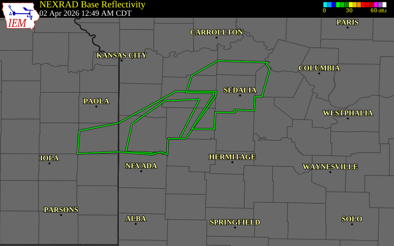 NEXRAD radar during the Thursday, April 2, 2026 storm activity in Henry County, Missouri