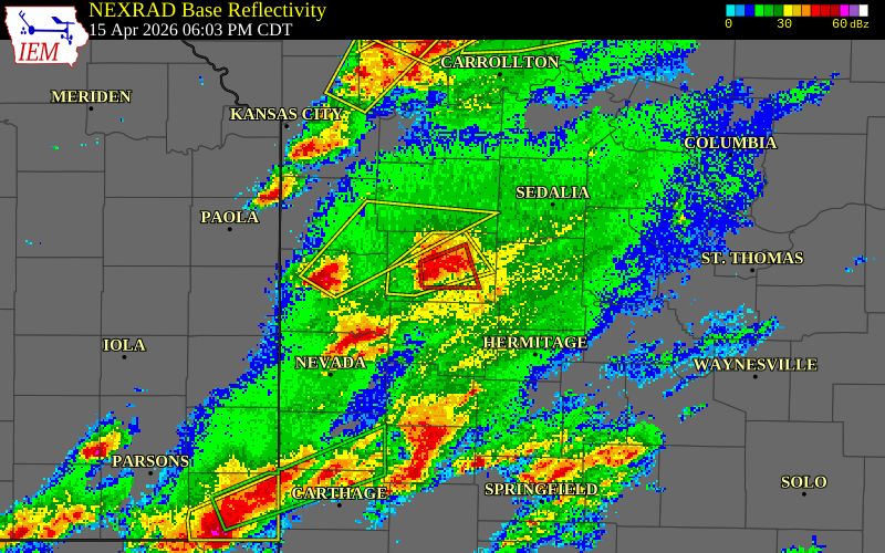 NEXRAD radar during the Wednesday, April 15, 2026 storm activity in Henry County, Missouri