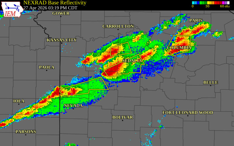 NEXRAD radar during the Monday, April 27, 2026 storm activity in Henry County, Missouri