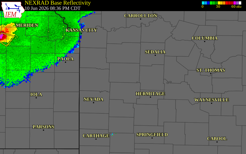 NEXRAD radar during the Wednesday, June 10, 2026 storm activity in Henry County, Missouri