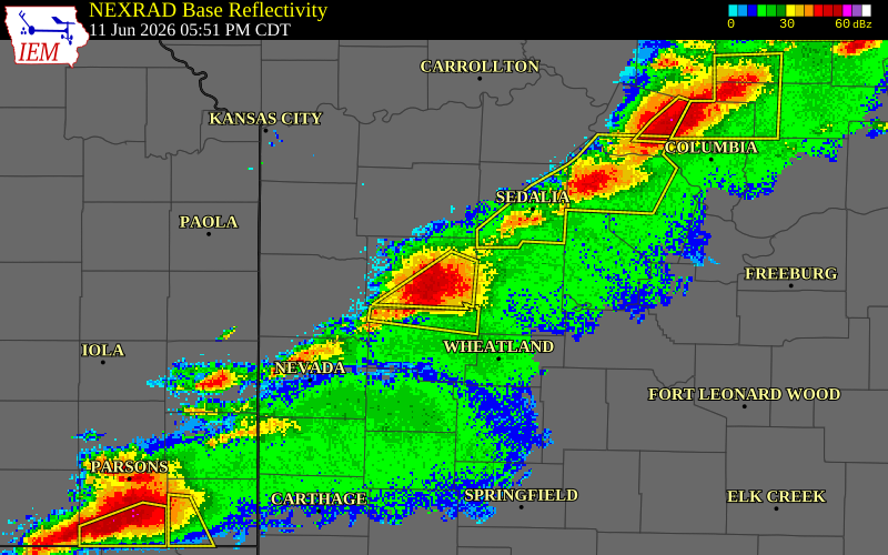 NEXRAD radar during the Thursday, June 11, 2026 storm activity in Henry County, Missouri