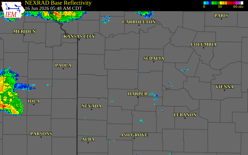 NEXRAD radar during the Tuesday, June 16, 2026 storm activity in Henry County, Missouri