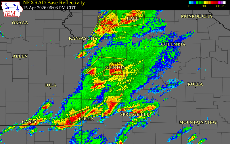 Radar snapshot during the Apr 15, 2026 tornado event near 2 SSW Clinton, Henry County, Missouri, with NWS warning polygons