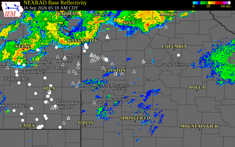 Current NEXRAD radar over Henry County, Missouri with recent storm report locations