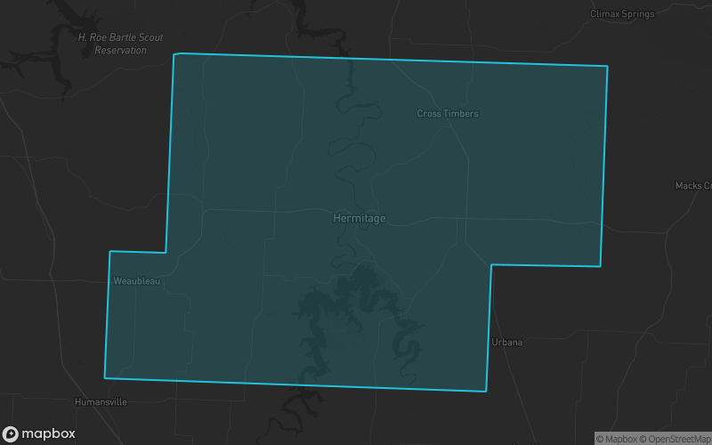 Map of Hickory County, Missouri showing the county boundary and surrounding cities