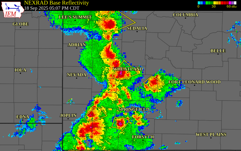 NEXRAD radar during the Thursday, September 18, 2025 storm activity in Hickory County, Missouri