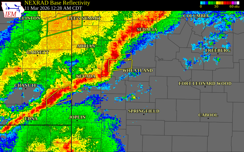 NEXRAD radar during the Wednesday, March 11, 2026 storm activity in Hickory County, Missouri
