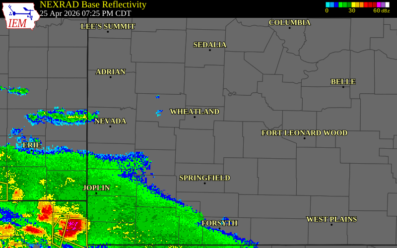 NEXRAD radar during the Saturday, April 25, 2026 storm activity in Hickory County, Missouri