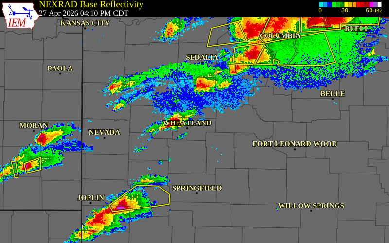 NEXRAD radar during the Monday, April 27, 2026 storm activity in Hickory County, Missouri