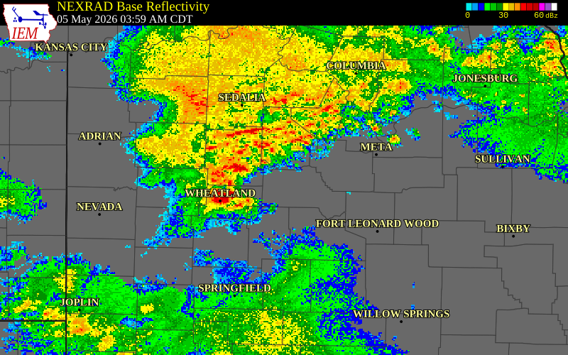 NEXRAD radar during the Tuesday, May 5, 2026 storm activity in Hickory County, Missouri