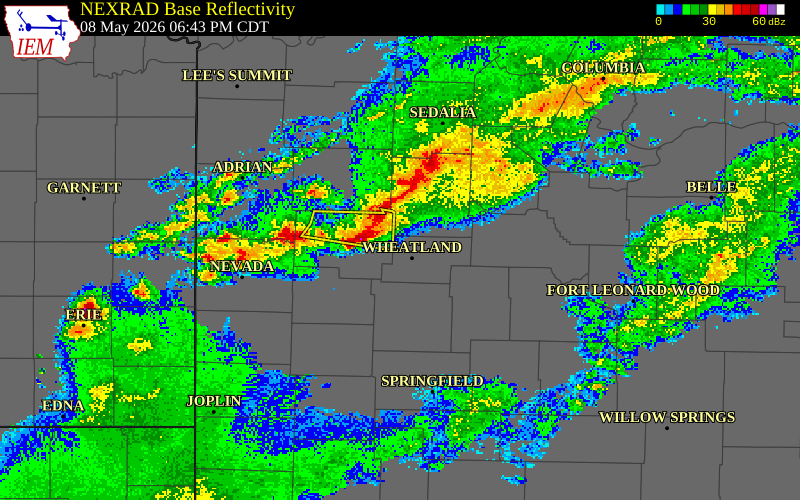 NEXRAD radar during the Friday, May 8, 2026 storm activity in Hickory County, Missouri