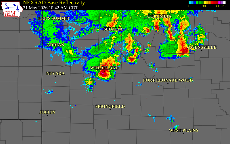 NEXRAD radar during the Sunday, May 31, 2026 storm activity in Hickory County, Missouri