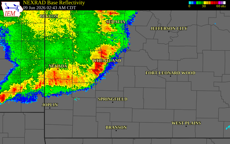 NEXRAD radar during the Tuesday, June 9, 2026 storm activity in Hickory County, Missouri