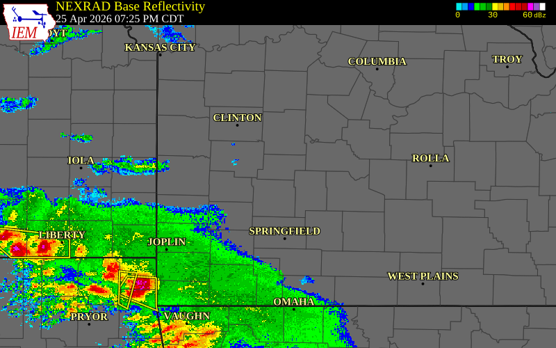 Radar snapshot during the Apr 25, 2026 hail event near 4 ENE Elkton, Hickory County, Missouri, with NWS warning polygons