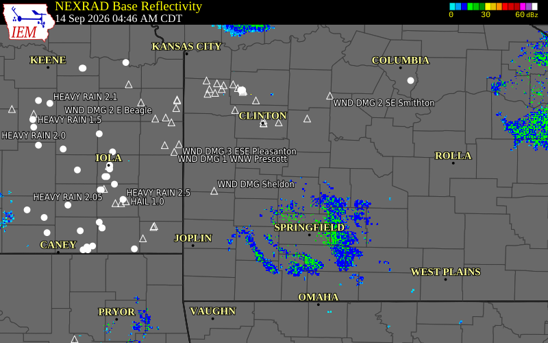 Current NEXRAD radar over Hickory County, Missouri with recent storm report locations