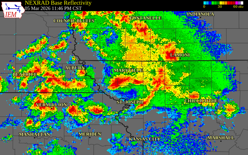 NEXRAD radar during the Thursday, March 5, 2026 storm activity in Holt County, Missouri
