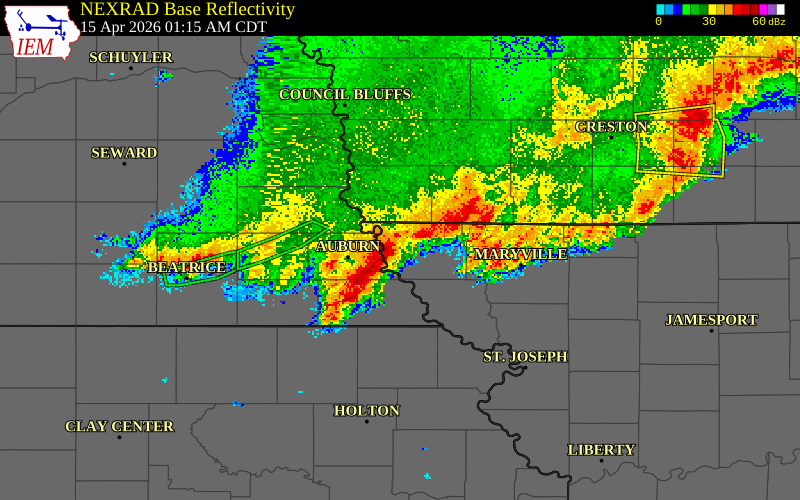 NEXRAD radar during the Wednesday, April 15, 2026 storm activity in Holt County, Missouri