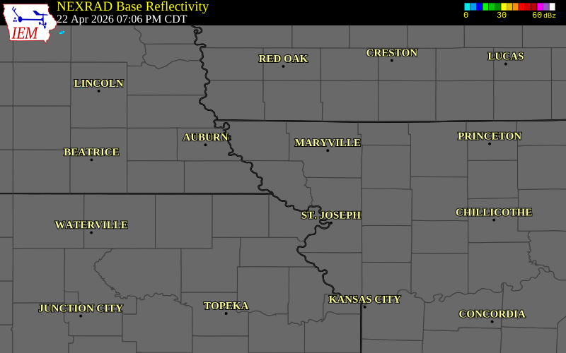 NEXRAD radar during the Wednesday, April 22, 2026 storm activity in Holt County, Missouri