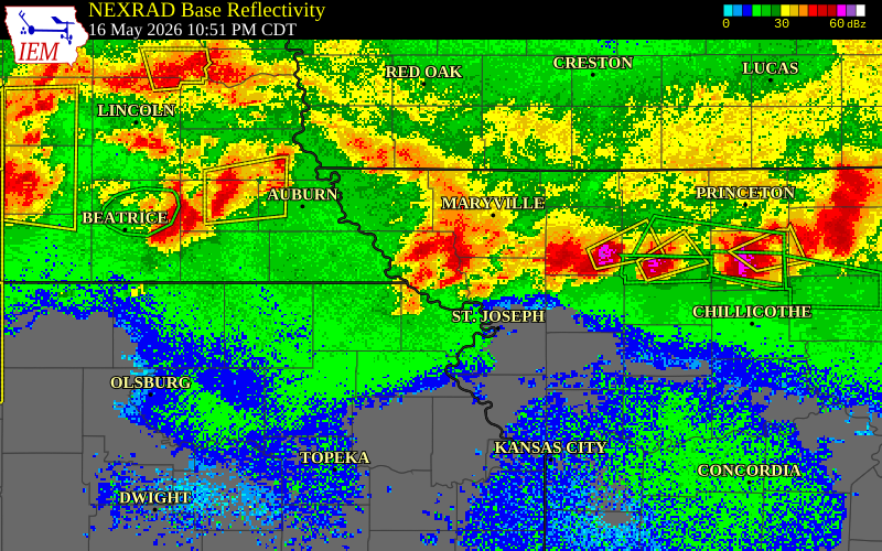 NEXRAD radar during the Saturday, May 16, 2026 storm activity in Holt County, Missouri
