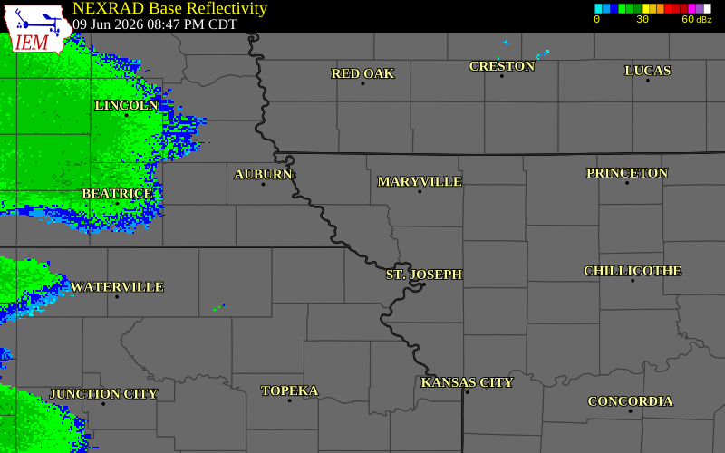 NEXRAD radar during the Tuesday, June 9, 2026 storm activity in Holt County, Missouri