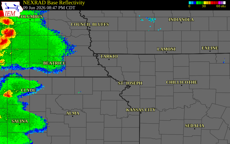 Radar snapshot during the Jun 9, 2026 wind event near 1 SSE Mound City, Holt County, Missouri, with NWS warning polygons