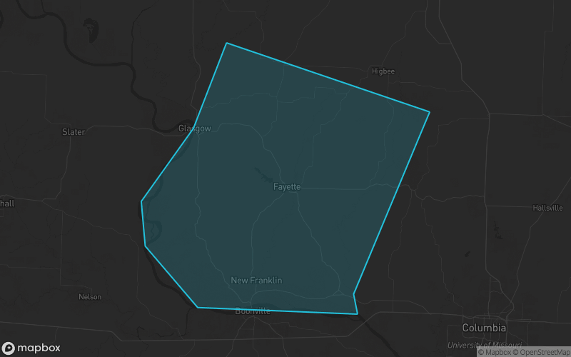 Map of Howard County, Missouri showing the county boundary and surrounding cities