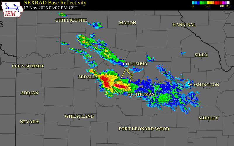 NEXRAD radar during the Monday, November 17, 2025 storm activity in Howard County, Missouri