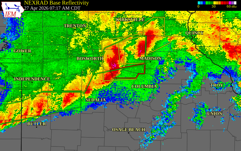 NEXRAD radar during the Monday, April 27, 2026 storm activity in Howard County, Missouri
