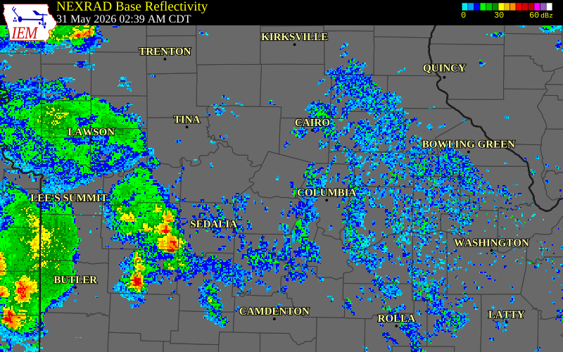 NEXRAD radar during the Sunday, May 31, 2026 storm activity in Howard County, Missouri
