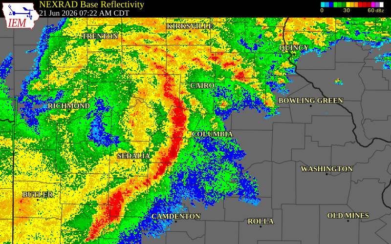 NEXRAD radar during the Sunday, June 21, 2026 storm activity in Howard County, Missouri