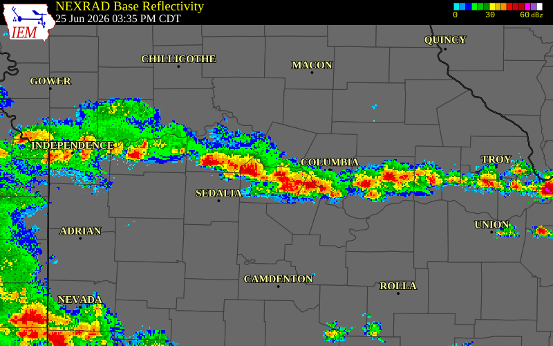 NEXRAD radar during the Thursday, June 25, 2026 storm activity in Howard County, Missouri