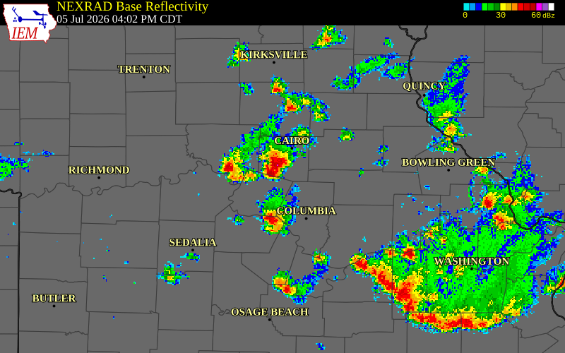 NEXRAD radar during the Sunday, July 5, 2026 storm activity in Howard County, Missouri
