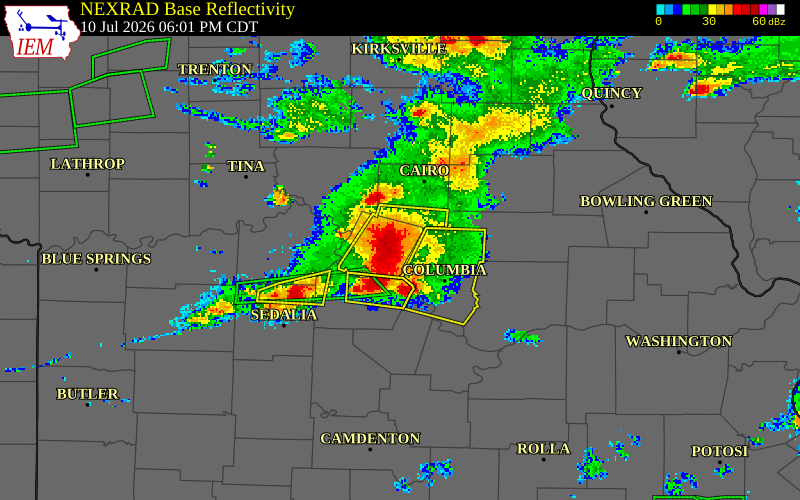 NEXRAD radar during the Friday, July 10, 2026 storm activity in Howard County, Missouri