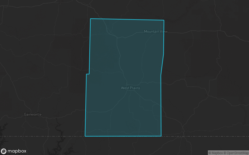 Map of Howell County, Missouri showing the county boundary and surrounding cities
