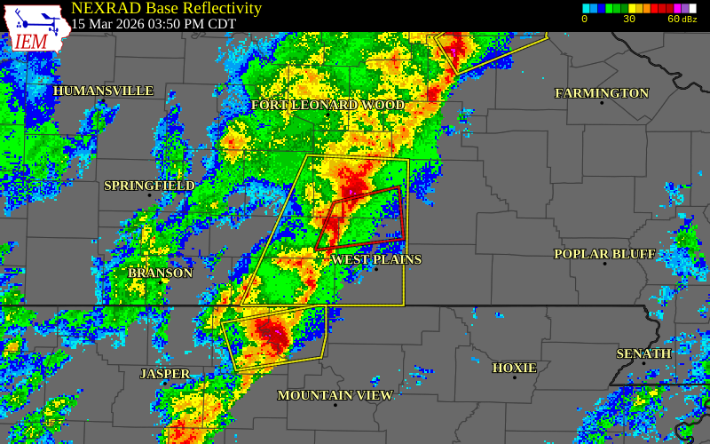 NEXRAD radar during the Sunday, March 15, 2026 storm activity in Howell County, Missouri