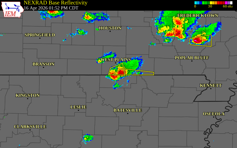 NEXRAD radar during the Thursday, April 16, 2026 storm activity in Howell County, Missouri