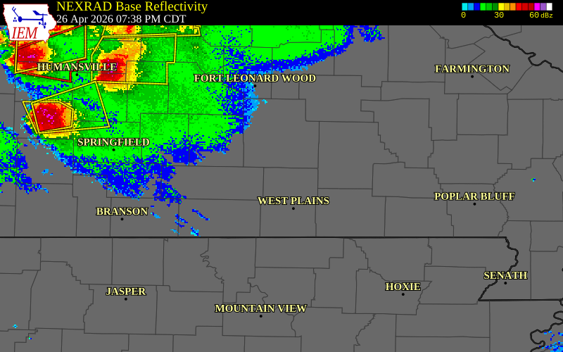 NEXRAD radar during the Sunday, April 26, 2026 storm activity in Howell County, Missouri