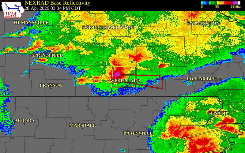 NEXRAD radar during the Tuesday, April 28, 2026 storm activity in Howell County, Missouri
