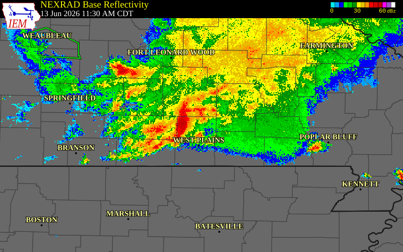 NEXRAD radar during the Saturday, June 13, 2026 storm activity in Howell County, Missouri