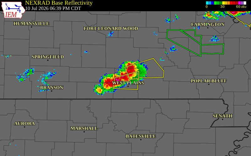 NEXRAD radar during the Friday, July 10, 2026 storm activity in Howell County, Missouri