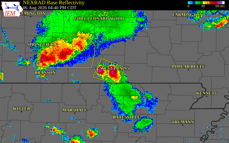 NEXRAD radar during the Thursday, August 6, 2026 storm activity in Howell County, Missouri