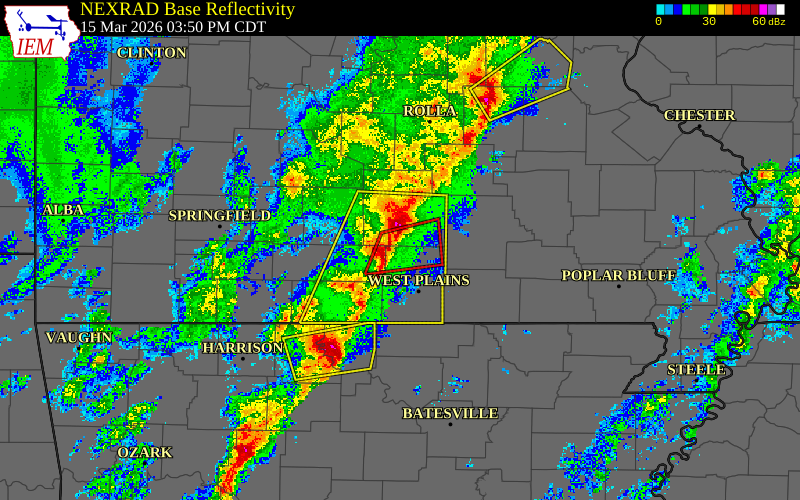 Radar snapshot during the Mar 15, 2026 tornado event near 3 NNW Willow Springs, Howell County, Missouri, with NWS warning polygons