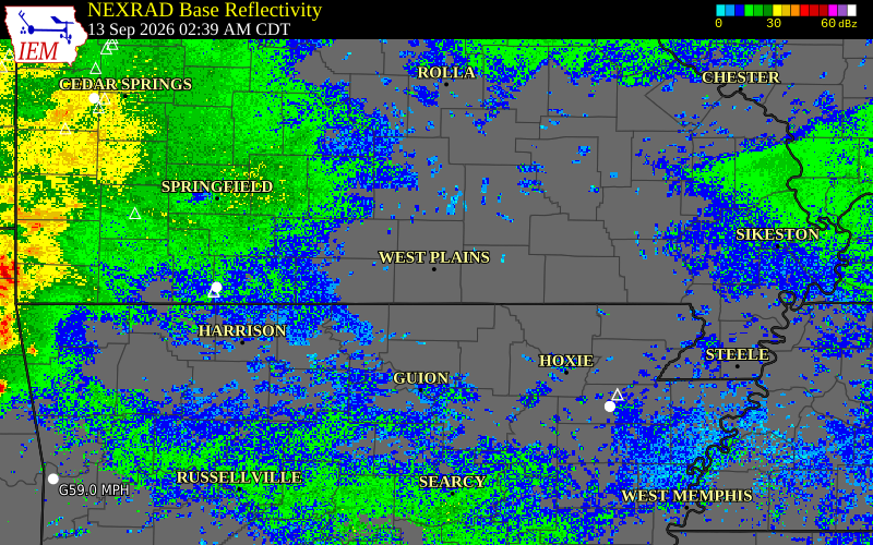 Current NEXRAD radar over Howell County, Missouri with recent storm report locations