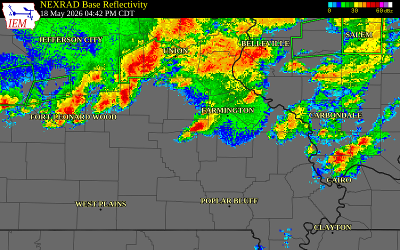 NEXRAD radar during the Monday, May 18, 2026 storm activity in Iron County, Missouri
