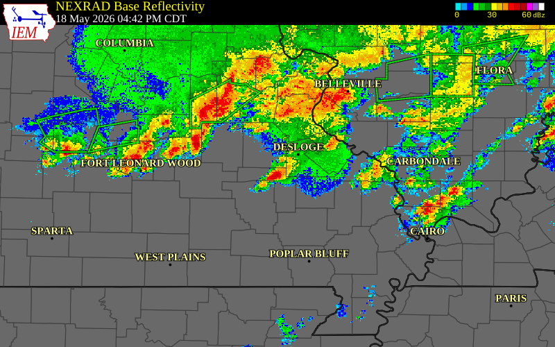 Radar snapshot during the May 18, 2026 wind event near 1 SE Belleview, Iron County, Missouri, with NWS warning polygons