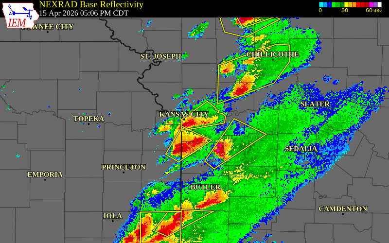 NEXRAD radar during the Wednesday, April 15, 2026 storm activity in Jackson County, Missouri